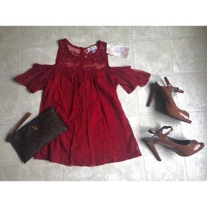 Red Lace Open-Shoulder Blouse